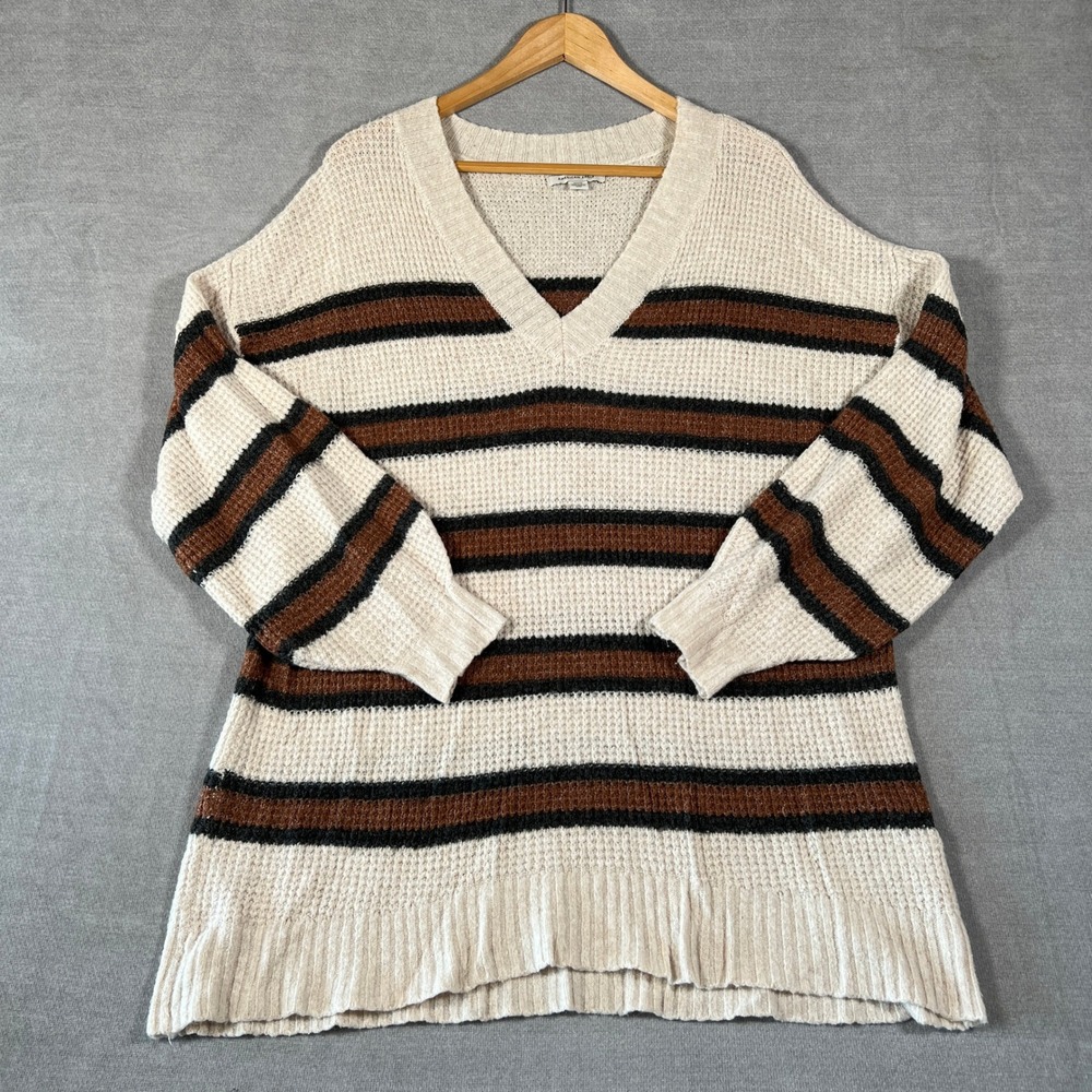American Eagle Waffle Knit Oversized V-Neck Sweater Women Medium Striped Cream